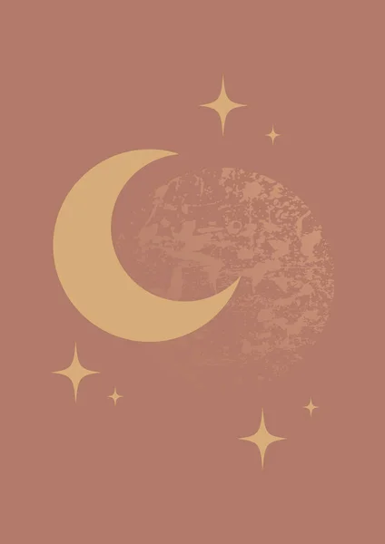 Mystická Kresba Měsíce Hnědého Plakátu Hvězd Half Moon Boho Minimalistický — Stockový vektor