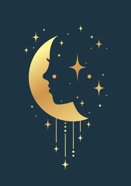 Typ Kvinna Med Månen Gyllene Teckning Affisch Fullmåne Boho Minimalistisk — Stock vektor