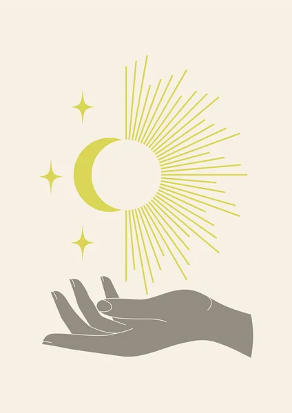 Χέρι Κρατώντας Τον Ήλιο Και Φεγγάρι Εικόνα Εκτύπωσης Μινιμαλιστική Διανυσματική — Διανυσματικό Αρχείο