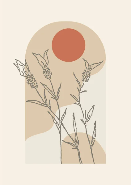 Poster Ilustrasi Estetika Batang Blossom Lavender Cetakan Seni Boho Netral - Stok Vektor