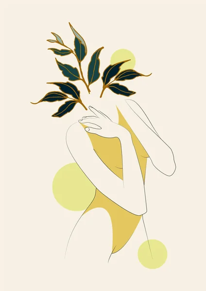 Ciało Kobiety Liśćmi Estetyczny Plakat Ilustracji Piękna Kobieca Figura Ramiona — Wektor stockowy
