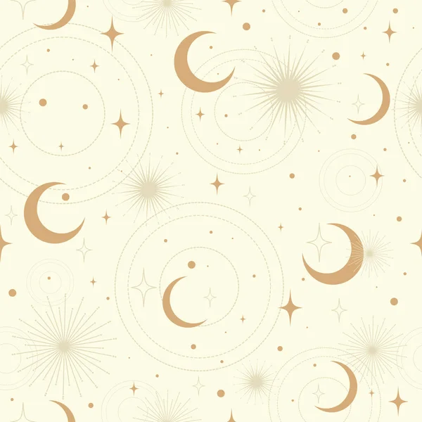ベージュ色の背景に太陽 三日月 星とシームレスな宇宙空間パターン ファブリック 占星術の夜空の神秘的な装飾 ベクターイラスト — ストックベクタ