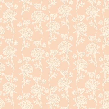 Pembeye izole edilmiş bej mürekkep çiçekli kusursuz çiçek deseni. Doodle Poppy çizimi tekrarlıyor. Çiçek dokusu, tasarım için çizgi sanat arkaplanı