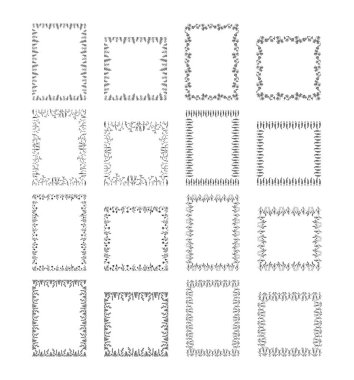 Retro zarif kenarlar ve filigran çayır süsleri. İzole vektör çizim seti. Dekoratif vintage çerçeve şablonu, a4 ve kare boyutu