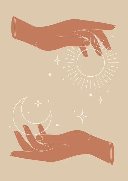 Mystische Zeichnung Von Sonne Und Mond Händen Poster Design Für — Stockvektor