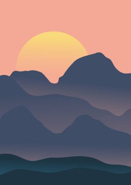 Soyut asgari dağ manzarası posteri. Güneşli ve dağlı modern boho arka planı, gradyan duvar dekoru. Vektör a4 sanat baskısı