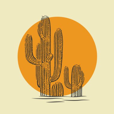 Cactus illustration wild west desert vintage design. Cacti plant with sun logo vector line art minimalist symbol illustration design, vintage tag design