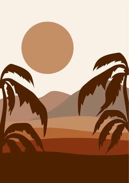 Sivatagi Oázis Napfény Alatt Minimalista Nyomtatható Illusztráció Dunes Tenyér Vad — Stock Vector