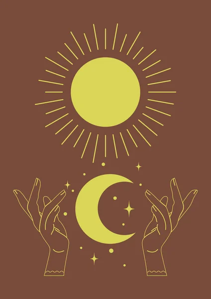 Ретро Солнце Луна Отпечатками Рук Карточка Таро Минималистское Векторное Искусство — стоковый вектор