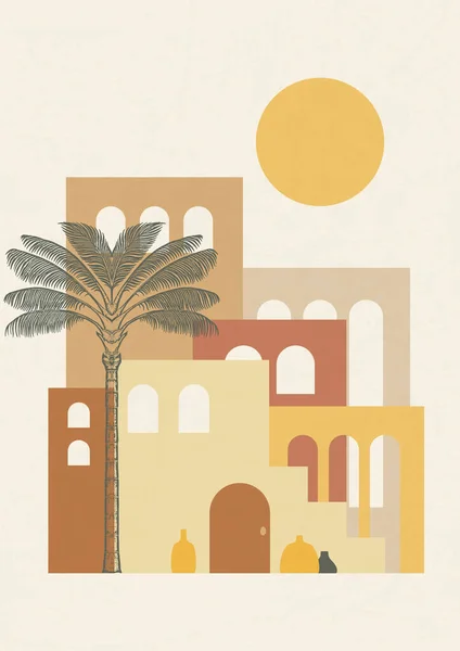 stock vector Morocco architecture under sunlight poster illustration. Modern aesthetic illustrations. Boho style artistic design for wall decoration