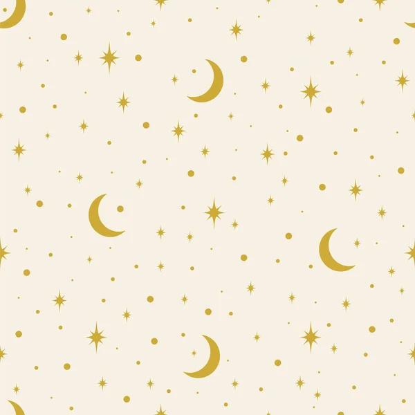 天体のムーンフェイズと美しいイラストのシームレスなパターン 半月と星 ベージュ地に隔離された神秘的でシンプルなコラージュの形 — ストックベクタ