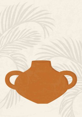 Antik seramik vazo ile boho minimalist illüstrasyon. Çömlek atölyesi. Yatak odası dekorasyonu için orta yüzyıl sanat baskısı, bohem sanat eserleri