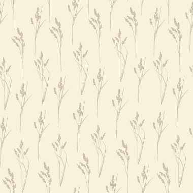 Çimensiz desenli botanik çizimi. Yabani alan elementleri, rastgele dağılmış tanecikler. Mürekkep vektör deseni. Bej arka planda el çizimi