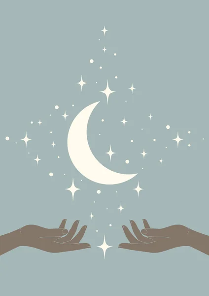 Vektorillustration Von Jungen Mond Und Sternen Mystisches Poster Weltraum Mit — Stockvektor