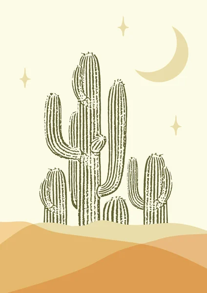 Absztrakt Kortárs Esztétikai Éjszakai Sivatagi Táj Saguaro Kaktusz Föld Tónusok — Stock Vector