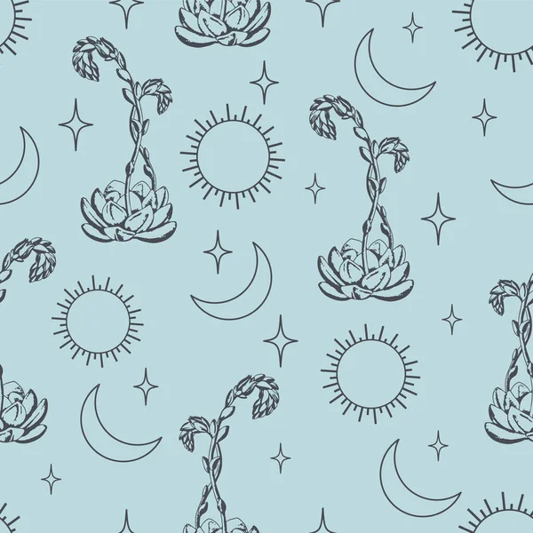 Seamless Aesthetic Pattern Blossom Cactus Desert Print Light Blue Heavenly — Stock Vector