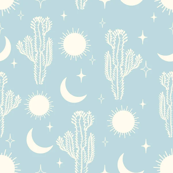 Seamless Pattern Vector Summer Cactus Desert Heavenly Elements Print Light — Stock Vector