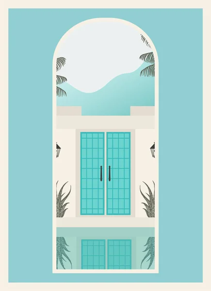 Παράθυρο Τοπίο Θέρετρο Πολυτελή Βίλα Μινιμαλιστική Αρχιτεκτονική Αφίσα Παλάμες Θάλασσα — Διανυσματικό Αρχείο