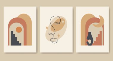 Yaratıcı minimalist soyut sanat poster seti. Kadın yüzlü modern estetik çizimler. Duvar dekorasyonu için bohem stili sanatsal tasarım