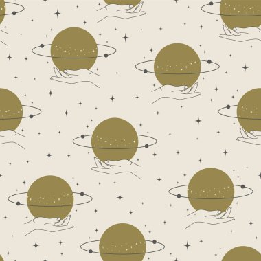 Astrolojinin kusursuz mistik modelinin temsilcisi. Uzay ve gezegenler. Satürn baskılı duvar resimleri. Dijital kağıt ve kumaş için sonsuz tasarım