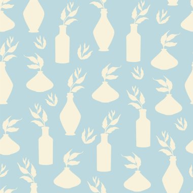 Bej yapraklar vazolarda, kusursuz desen vektörlerinde dallanır. Çömlekçilik dersi için nötr boho sanat baskısı. Açık mavi arkaplanda yazdır. Dijital kağıt ve kumaş için sonsuz dokuyu yönlendir