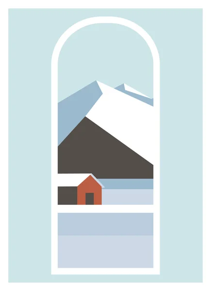 Σκανδιναβικό Τοπίο Και Χωριό Άποψη Εκτύπωσης Απεικόνισης Χειμερινή Αφίσα Μινιμαλιστική — Διανυσματικό Αρχείο
