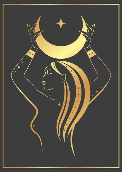 Μυστικιστική Έννοια Μάγισσα Κρατώντας Νεαρή Απεικόνιση Φεγγάρι Εσωτερικά Στοιχεία Γυναίκα — Διανυσματικό Αρχείο