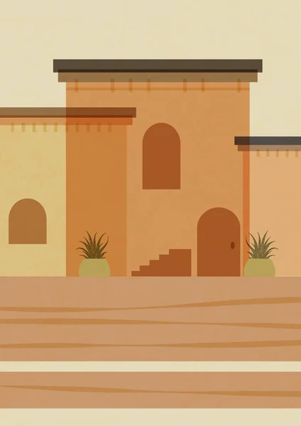 摩洛哥建筑 小村招贴画 古代建筑的现代美学艺术 Boho风格墙体装饰艺术设计 — 图库矢量图片