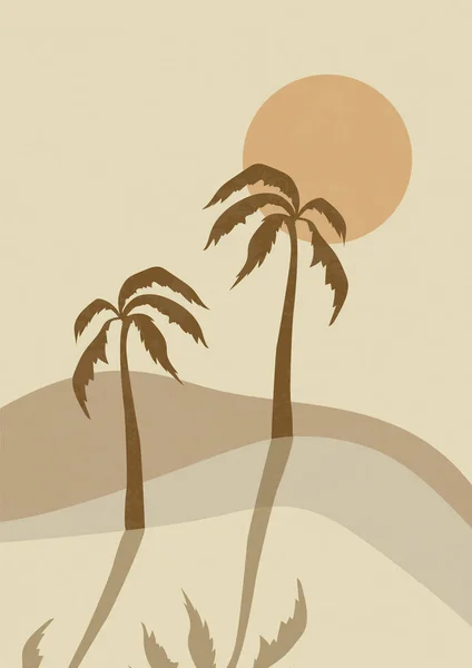 Τοπίο Oasis Αμμόλοφοι Και Παλάμες Μινιμαλιστική Απεικόνιση Γήινοι Τόνοι Μπεζ — Διανυσματικό Αρχείο