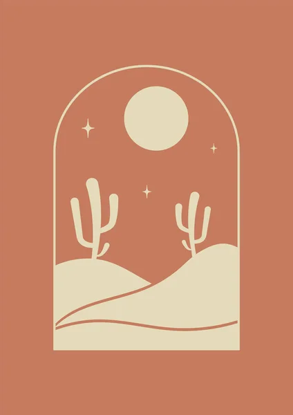 Illustrazione Estetica Con Cactus Nel Deserto Notturno Nell Arco Decorazione — Vettoriale Stock