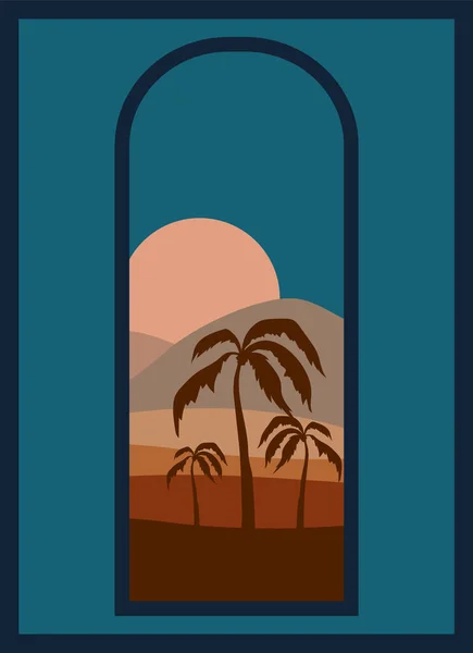 Wüste Oase Mitternacht Minimalistische Druckbare Illustration Dünen Berge Und Palmen — Stockvektor