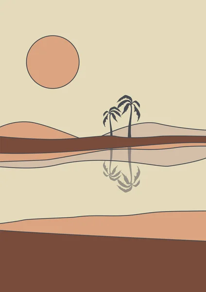 Desert Oázis Nappal Víz Minimalista Nyomtatható Illusztráció Dunák Tenyerek Vad — Stock Vector