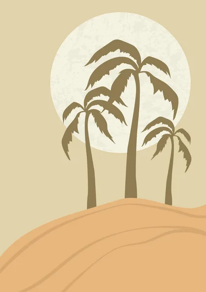 Desert Landscape Sunny Dunes Palms Illustration Earth Tones Beige Colors — 스톡 벡터