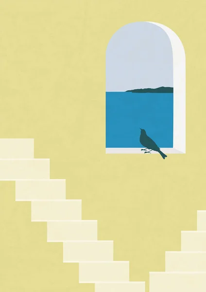 Cartaz Ilustração Estética Com Vista Para Santorini Elementos Arquitetura Escada —  Vetores de Stock