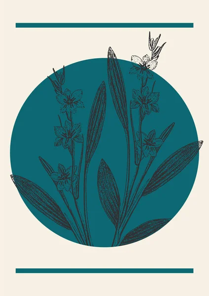 Ανθέων Λουλούδι Υποκατάστημα Αφίσα Εικονογράφηση Σκίτσο Βοτανική Τέχνη Στυλ Χαρακτικής — Διανυσματικό Αρχείο