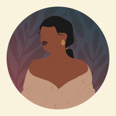 Siyah kadın portresi. Yazın estetik illüstrasyon posteri. Tropik yapraklı kadın sanatı. Moda kadınıyla duvar dekoru, çağdaş sanatsal poster