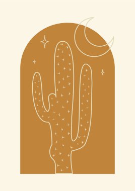 Genç aylı estetik illüstrasyon saguaro bitkisi. Boho duvar dekoru. Orta yüzyıl modern minimalist sanat kare baskısı. Geceleyin kaktüs bitkisi