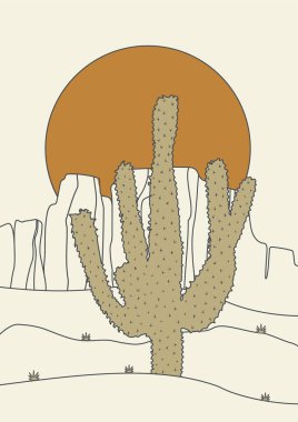 Saguaro peyzaj resimli doğrusal çizgi film çölü. Toprak renkleri, bej renkleri. Minimalist estetik duvar dekoru. Orta çağ modern sanat baskısı