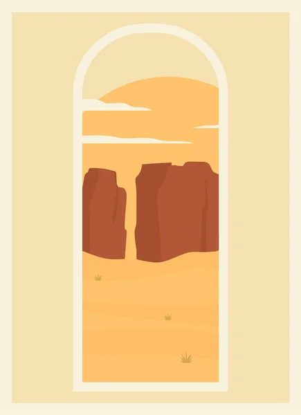 Morgen Wüste Landschaft Poster Fenster Ansicht Poster Erdtöne Beige Boho — Stockvektor