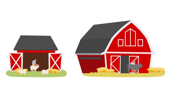 Prvky Krajiny Červená Farma Stodola Izolované Ilustrace Zemědělci Hospodářská Zvířata — Stockový vektor