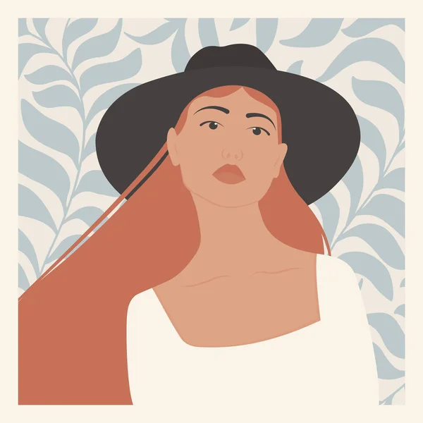 Portrait Jeune Femme Chapeau Illustration Esthétique Carte Postale Art Minimal — Image vectorielle