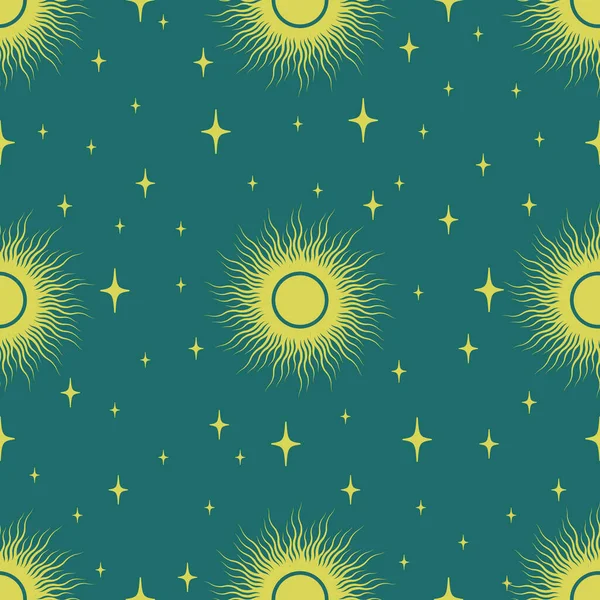 レトロな太陽とヴィンテージカラフルなイラストシームレスパターン 神秘的でシンプルなコラージュの形は緑の背景に隔離されています ファブリック グリーティングカード 装飾のために — ストックベクタ