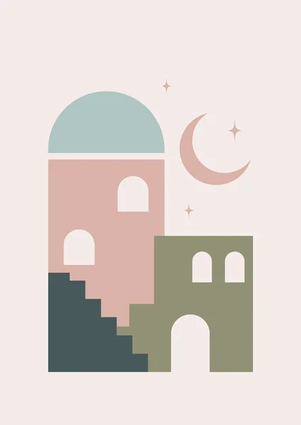 Marokkói Építészeti Elemek Holdplakát Illusztráció Modern Arab Esztétikai Illusztrációk Boho — Stock Vector