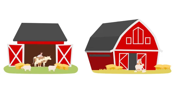 Ζωική Και Κτηνοτροφική Επίπεδη Διανυσματική Απεικόνιση Countryside Στοιχεία Κόκκινο Αγρόκτημα — Διανυσματικό Αρχείο