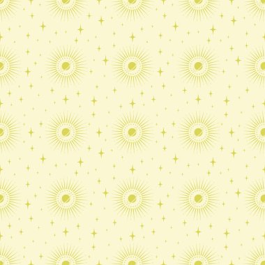 Vector illustration in vintage mystical style seamless pattern. Astrology, heavenly boho design. Golden sun with saturn planet