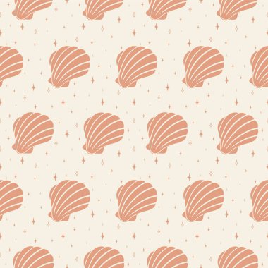 Pembe inci kabuklu çocuksu resimli kusursuz desenli iz. Çocuksu, minimalist sanat baskısı. Tarafsız arkaplanda basit düz bir sembol. Kumaş, baskı ve kapak için tasarım. Vektör illüstrasyonu.