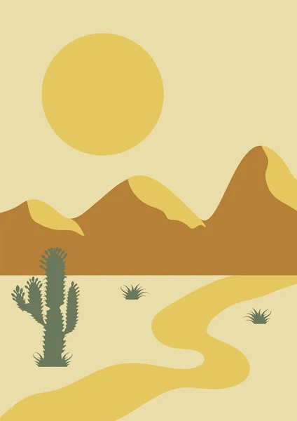 Esztétikai Minimalista Sivatagi Táj Kaktusz Hegyek Boho Faldekoráció Középszázadi Modern — Stock Vector