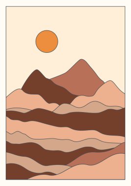 Günümüz estetik arka planı ve güneşli dağlar manzara sanatı. Terracotta renkleri. Boho duvar dekoru. Orta yüzyıl modern minimalist sanat baskısı.
