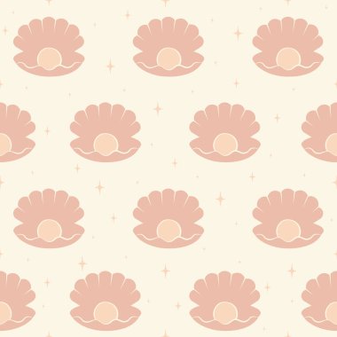 Pembe inci kabuklu kusursuz desenli çizimler. Çocuksu, minimalist sanat baskısı. Tarafsız arkaplanda basit düz bir sembol. Kumaş, baskı ve kapak için tasarım. Vektör illüstrasyonu.