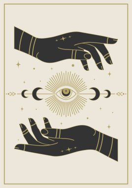 Büyücü elleri göz tarot kartpostal resimlerini tutuyor. Mistik kart minimalist vektör sanatı. Astroloji, esrarengiz ve gizemli göz ile uzay kavramı